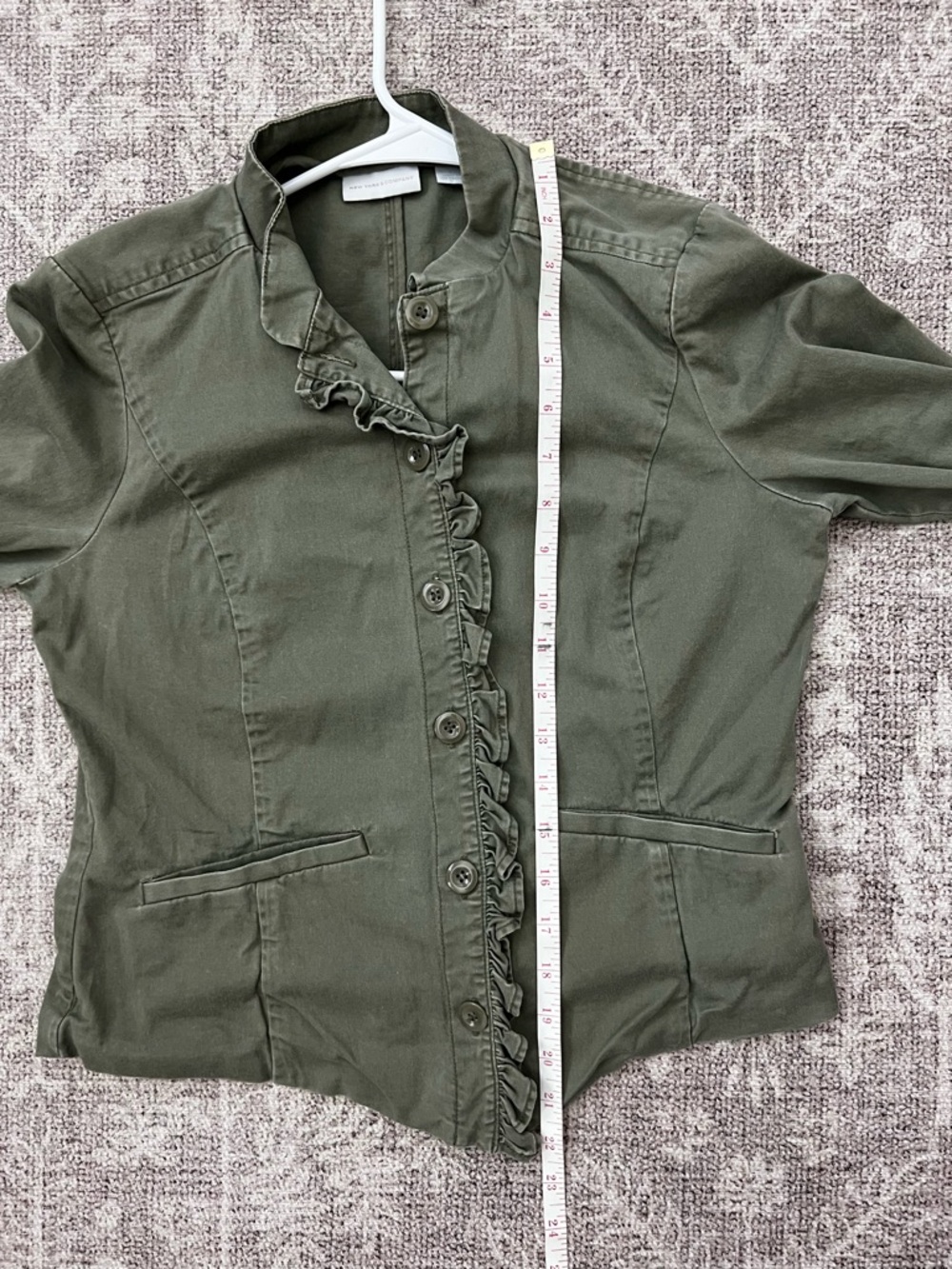 New York & Company Olive Green stretch Utility Jacket with Ruffle Trim - Picture 7 of 7